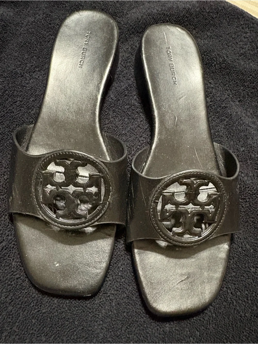 Tory Burch Black Leather Logo Slide Sandals
